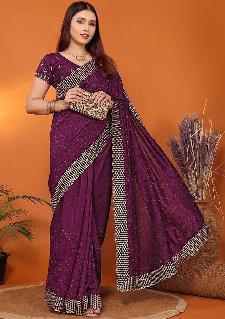 Purple Embellished Silk Blend Saree Set - Indya