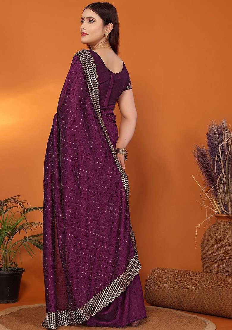 Purple Embellished Silk Blend Saree Set - Indya