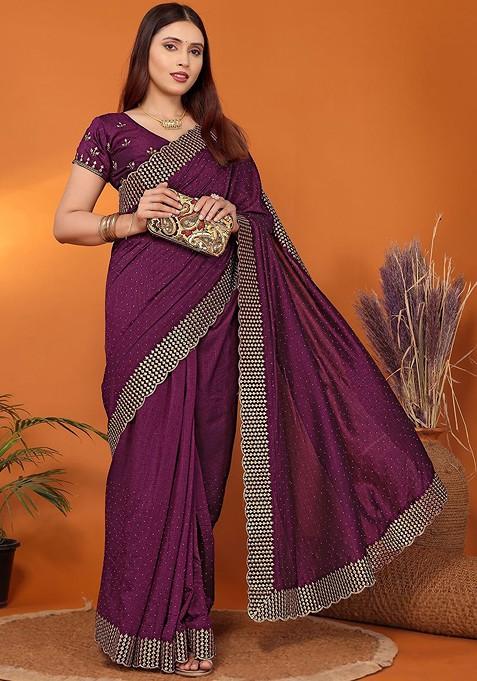 Purple Embellished Silk Saree Set