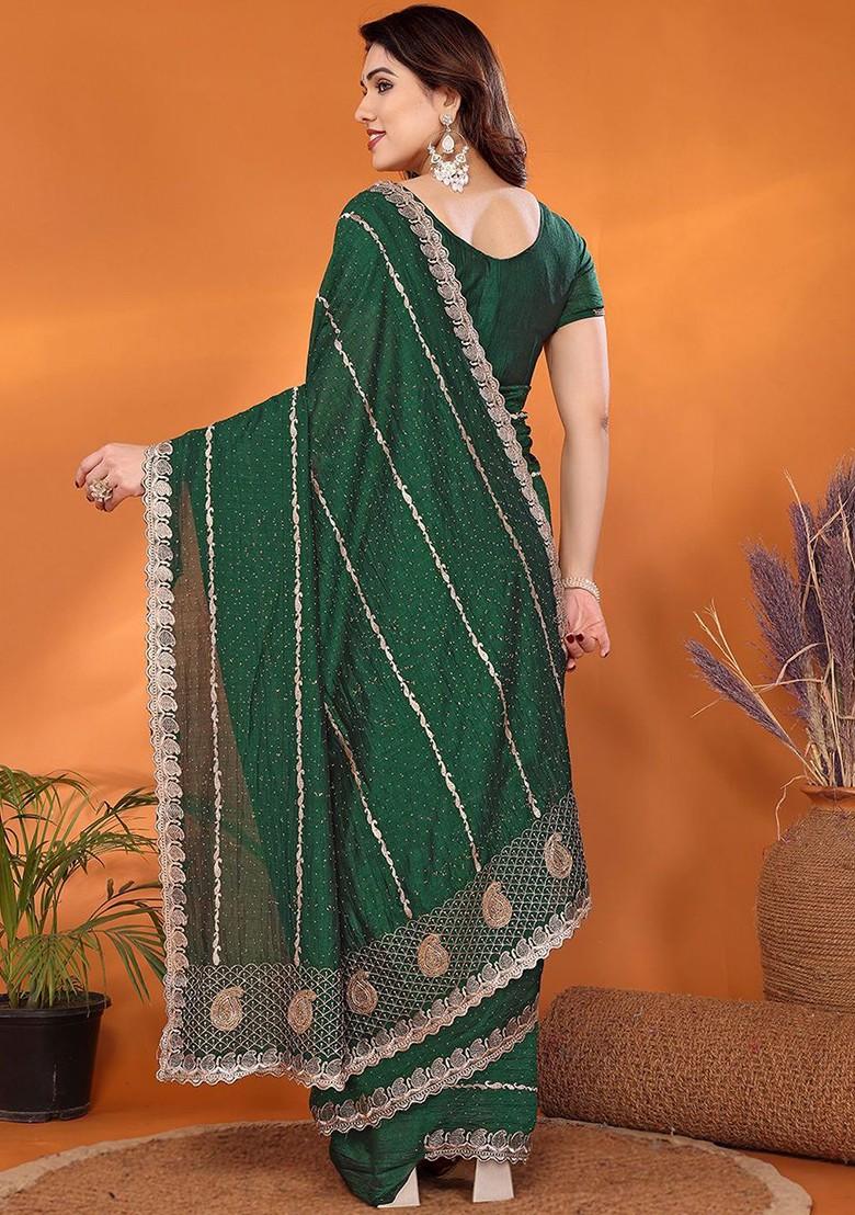 Green Embellished Silk Saree Set