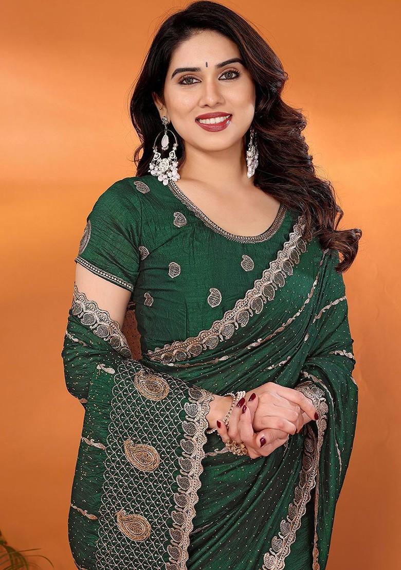 Green Embellished Silk Saree Set