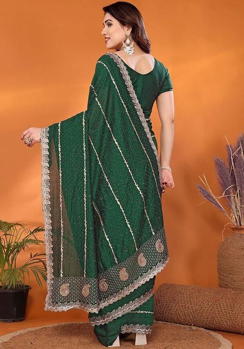 Green Embellished Silk Saree Set