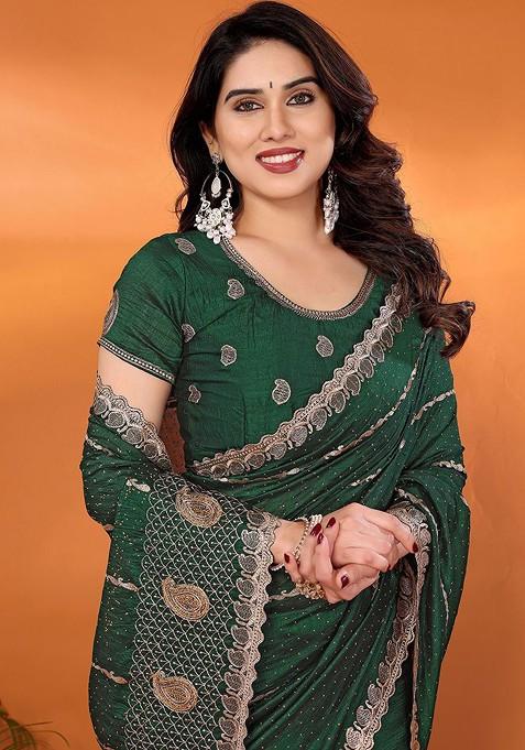 Green Embellished Silk Saree Set