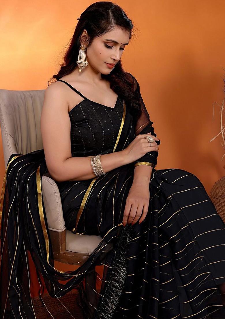 Black Zari Chiffon Saree Set