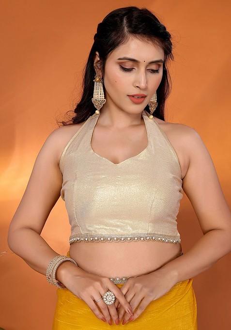 Yellow Beads And Stone Tissue Saree Set