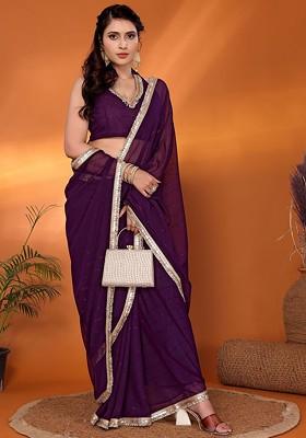 Purple Embellished Georgette Saree Set