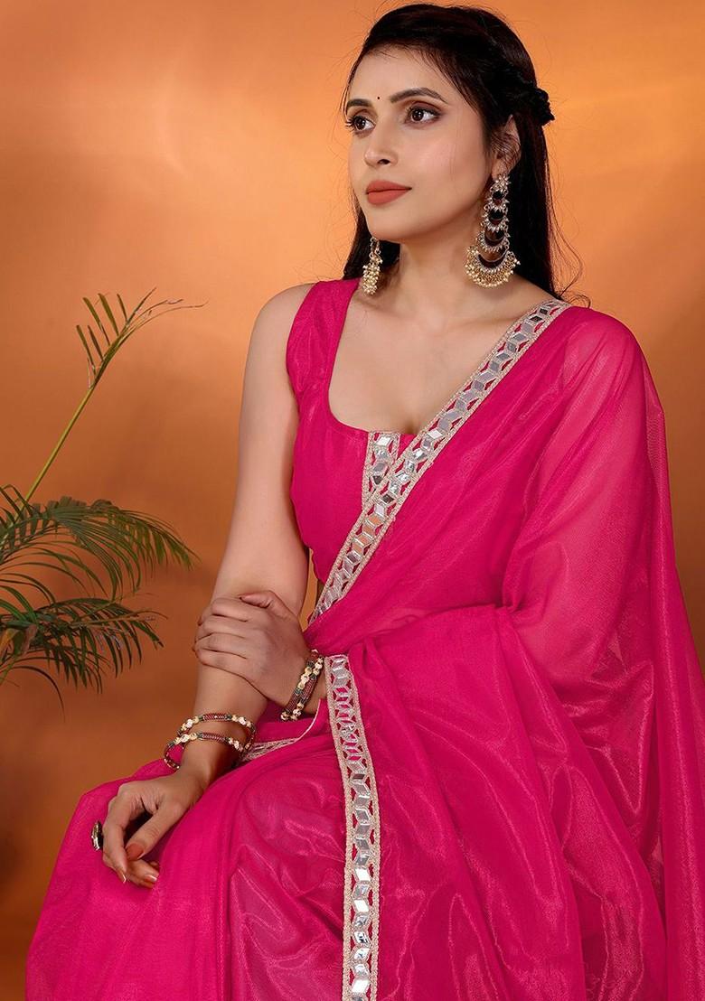 Pink Mirror Work Organza Saree Set