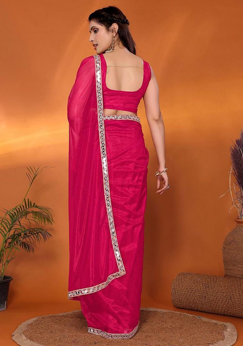 Pink Mirror Work Organza Saree Set