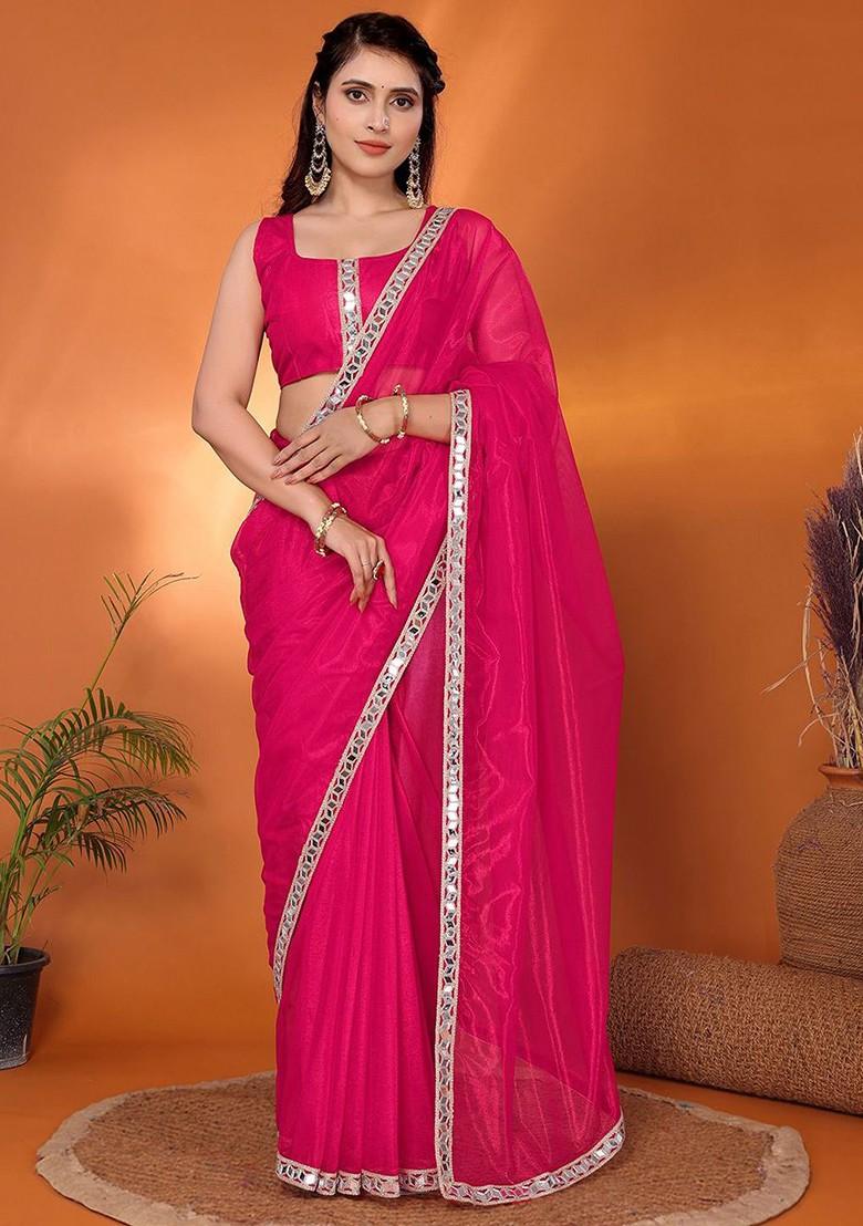 Pink Mirror Work Organza Saree Set