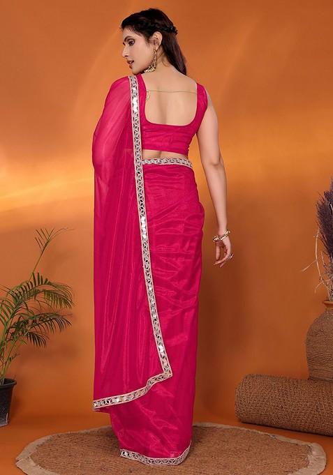 Pink Mirror Work Organza Saree Set