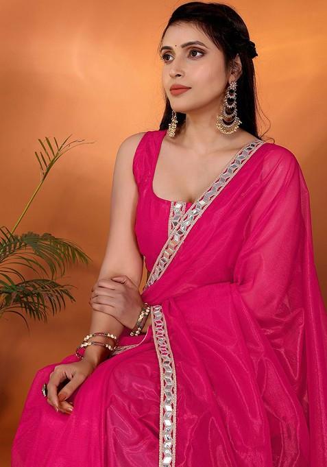 Pink Mirror Work Organza Saree Set