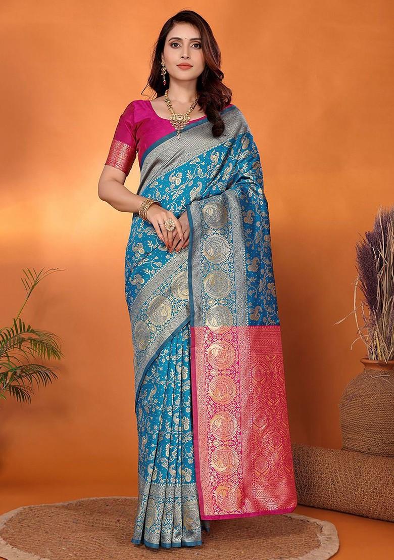 Blue Zari Kanjeevaram Silk Saree Set