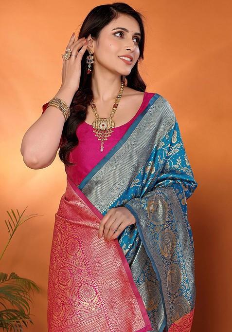 Blue Zari Kanjeevaram Silk Saree Set