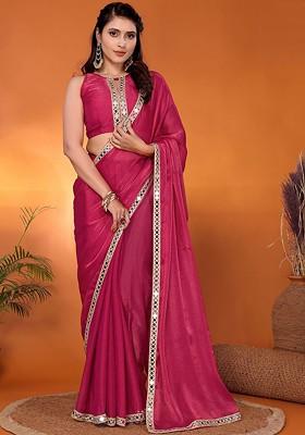 Pink Mirror Work Silk Saree Set