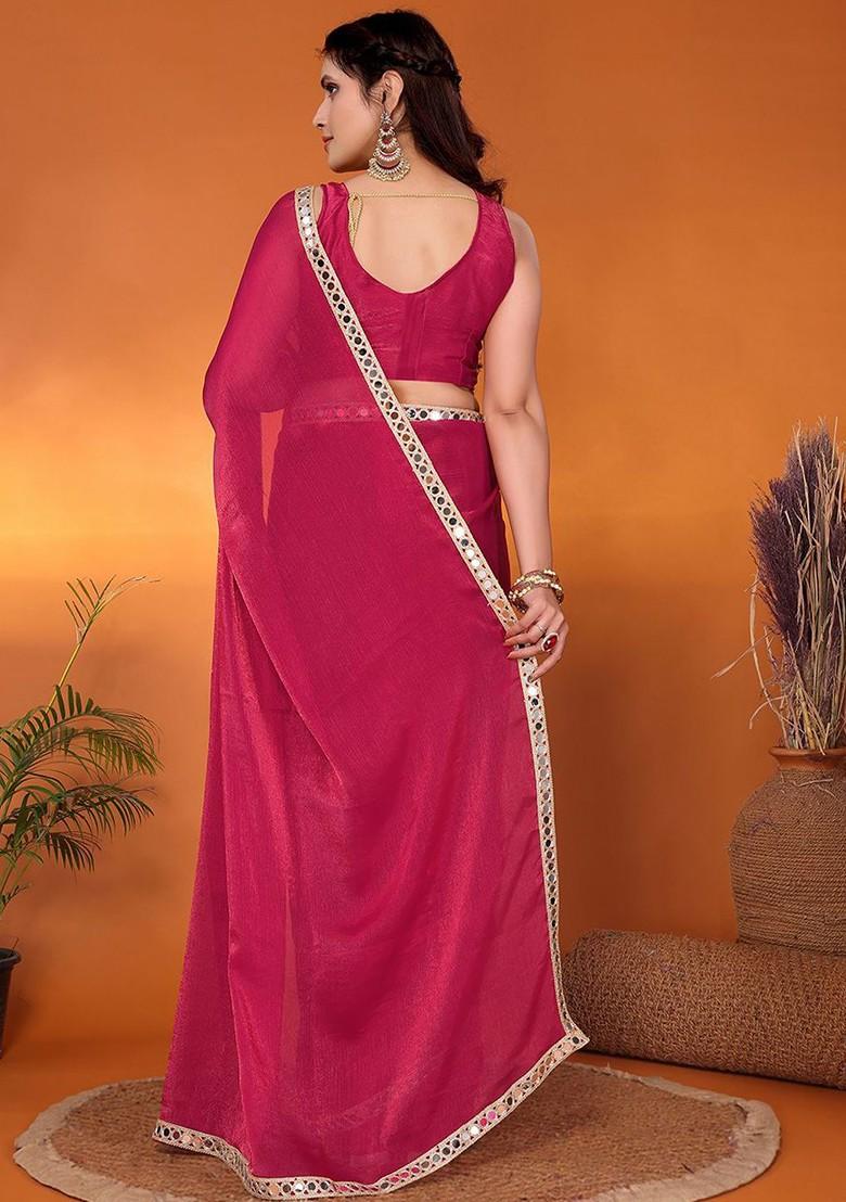 Pink Mirror Work Silk Saree Set