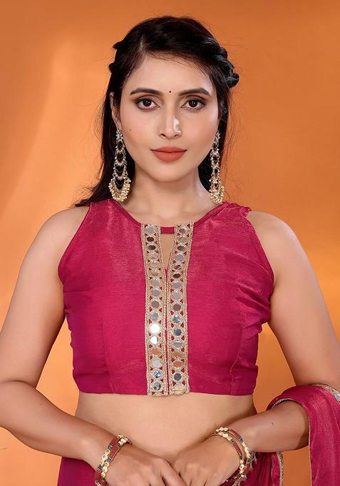 Pink Mirror Work Silk Saree Set