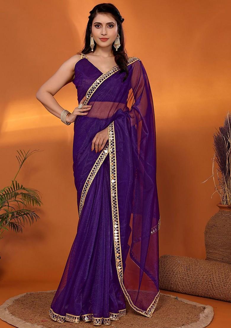 Purple Mirror Work Organza Saree Set
