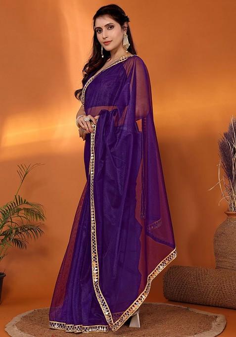 Purple Mirror Work Organza Saree Set