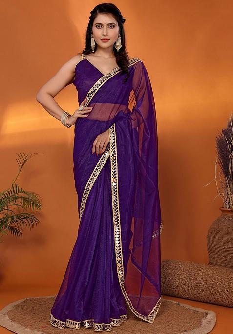 Purple Mirror Work Organza Saree Set