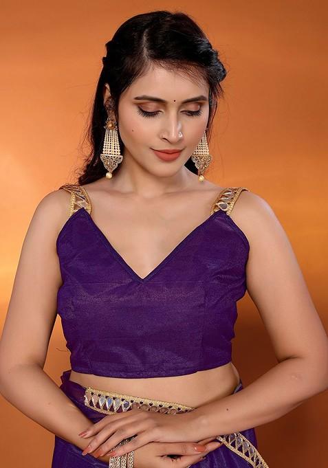 Purple Mirror Work Organza Saree Set