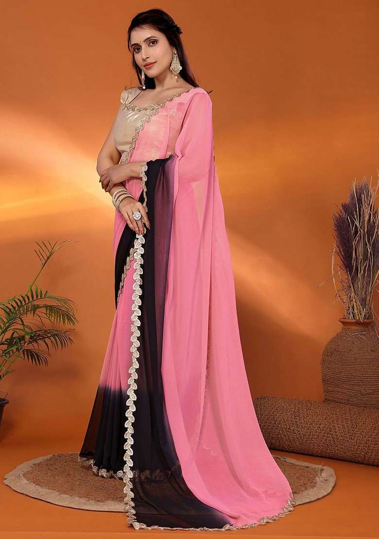 Pink Embellished Georgette Saree Set - Indya