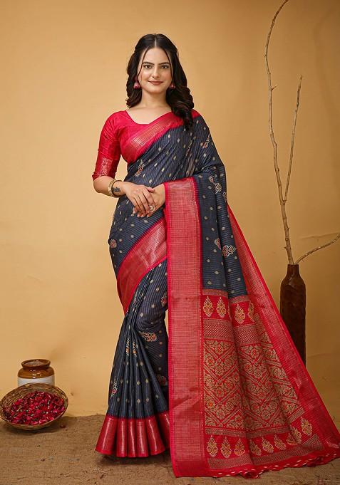 Grey Zari Kanjeevaram Silk Saree Set