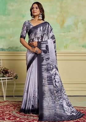 Black Printed Crepe Saree Set