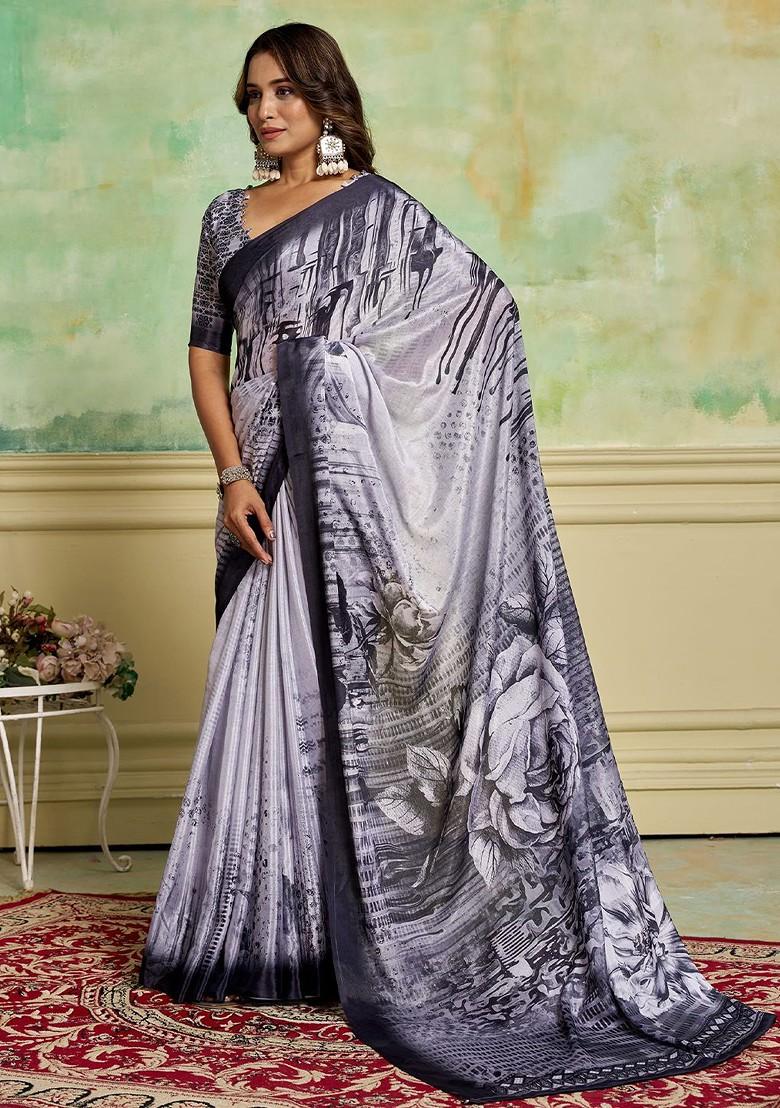 Black Printed Crepe Saree Set