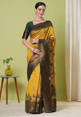 Yellow Woven Silk Saree Set