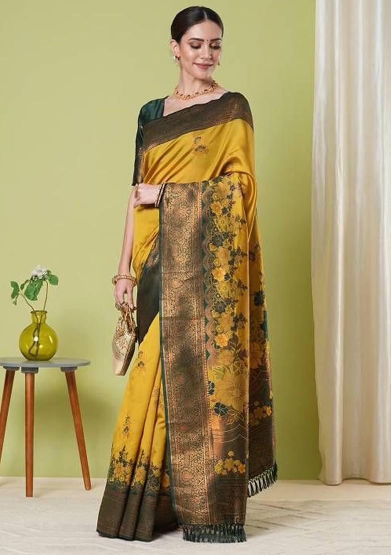 Yellow Woven Silk Saree Set