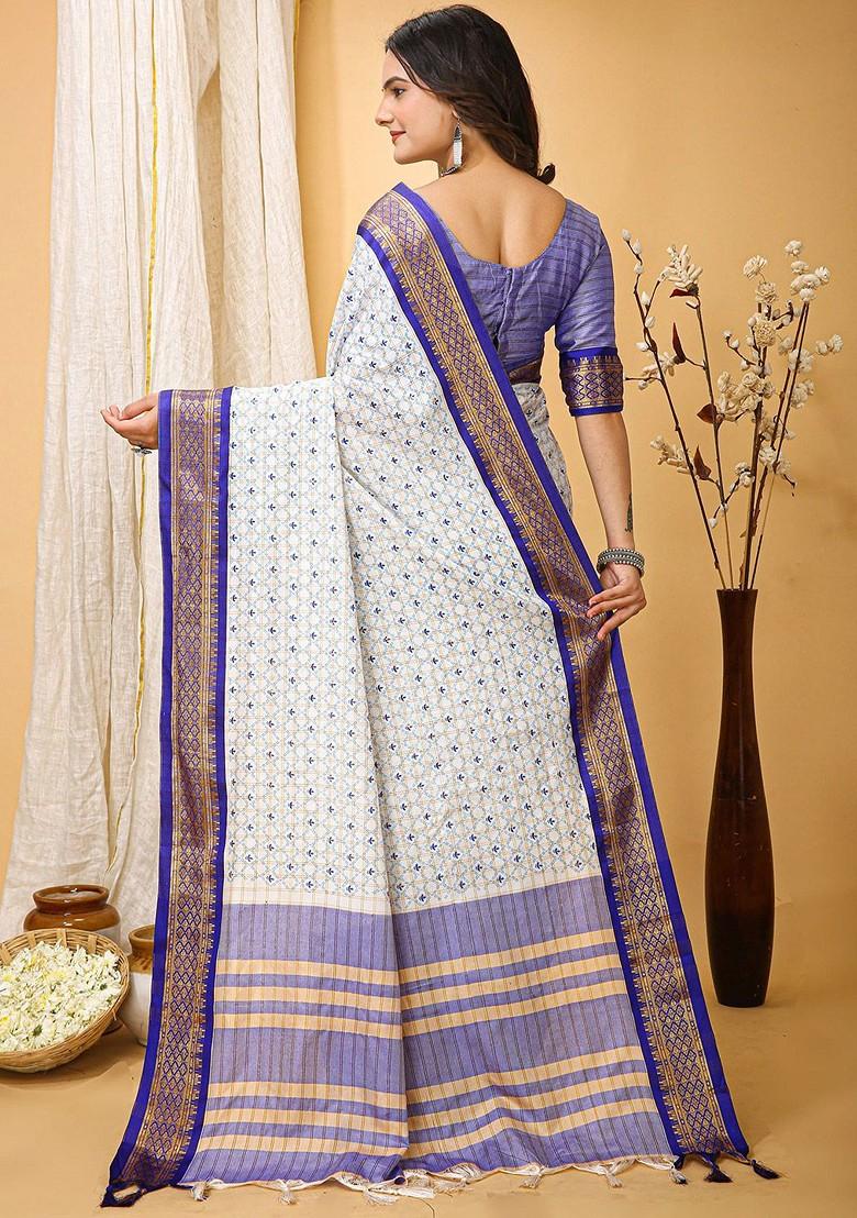 White Zari Cotton Saree Set
