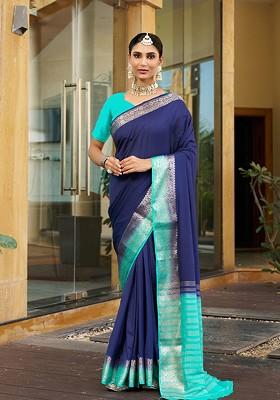 Navy Blue Zari Crepe Saree Set