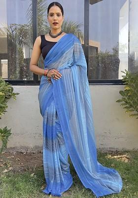 Blue Striped Chiffon Saree Set
