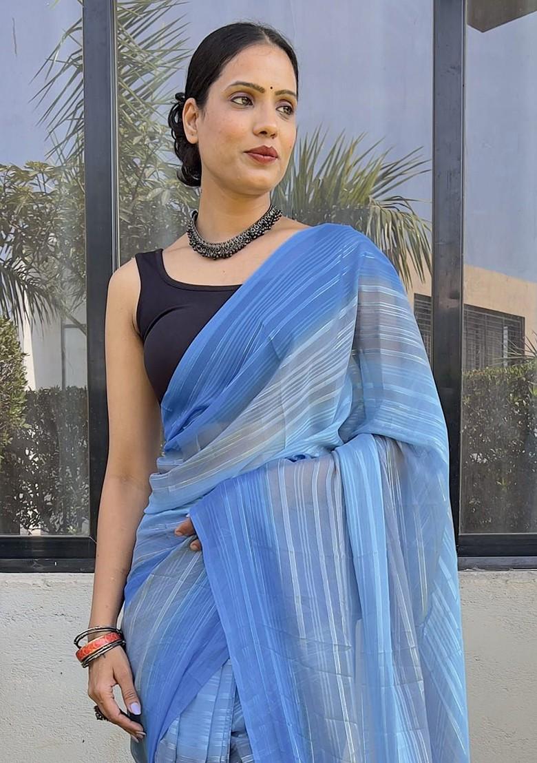 Blue Striped Chiffon Saree Set