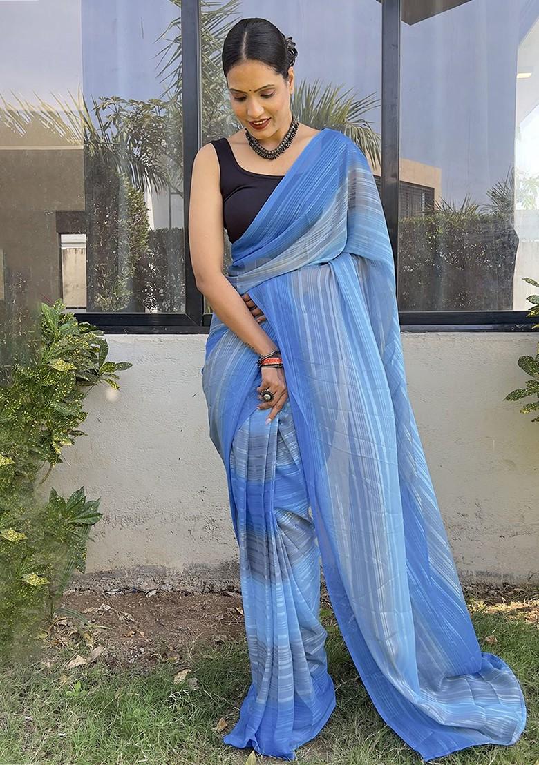 Blue Striped Chiffon Saree Set