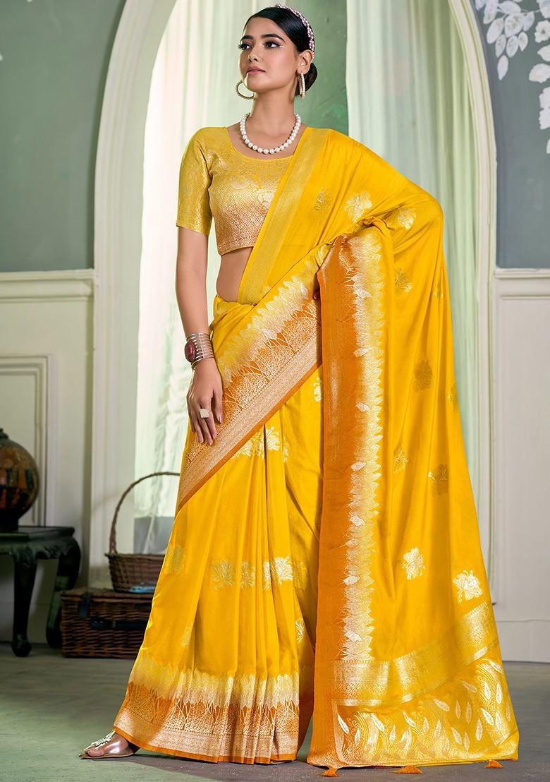 Yellow Zari Crepe Saree Set
