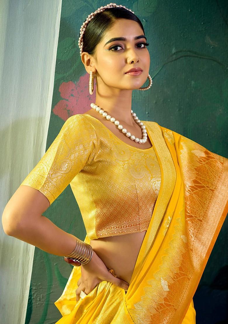 Yellow Zari Crepe Saree Set