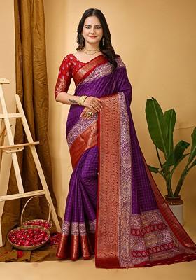 Purple Zari Kanjeevaram Silk Saree Set