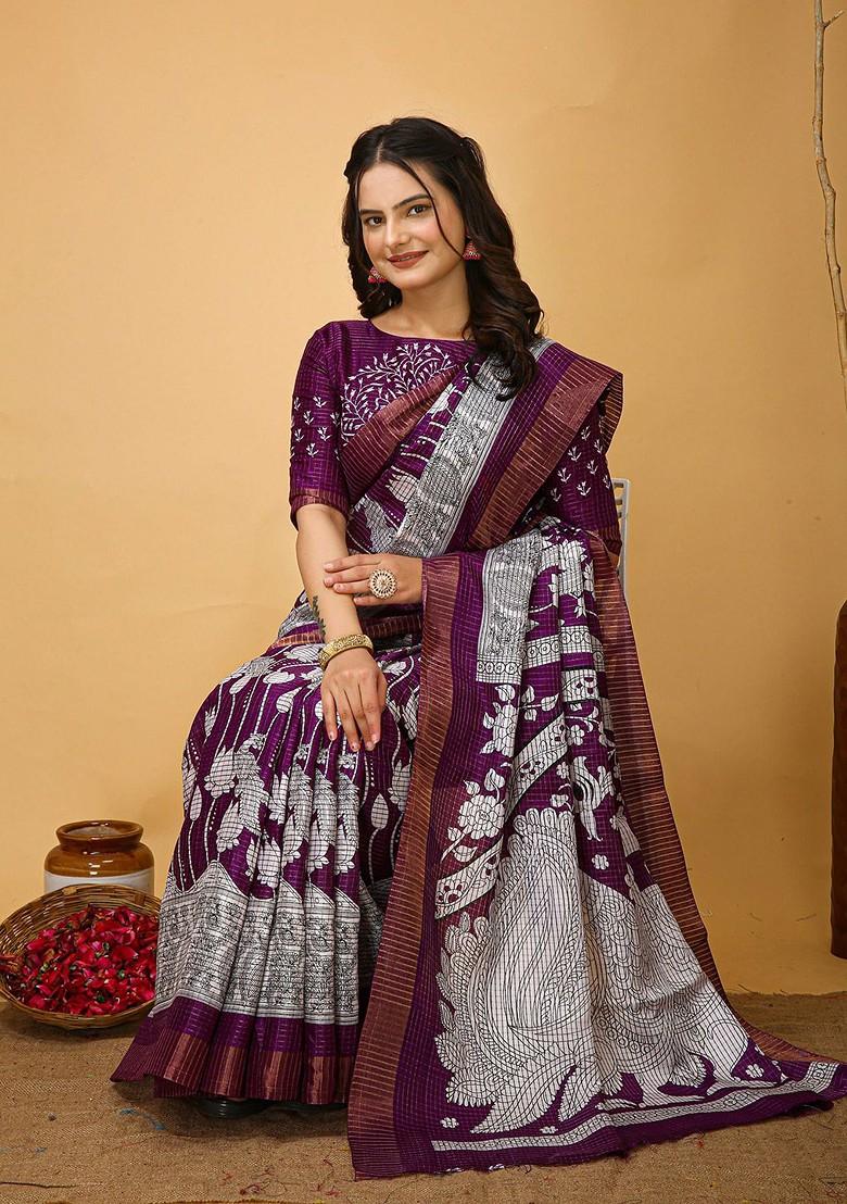 Purple Zari Cotton Saree Set