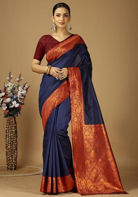 Blue Zari Kanjeevaram Silk Saree Set