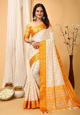 White Zari Cotton Saree Set