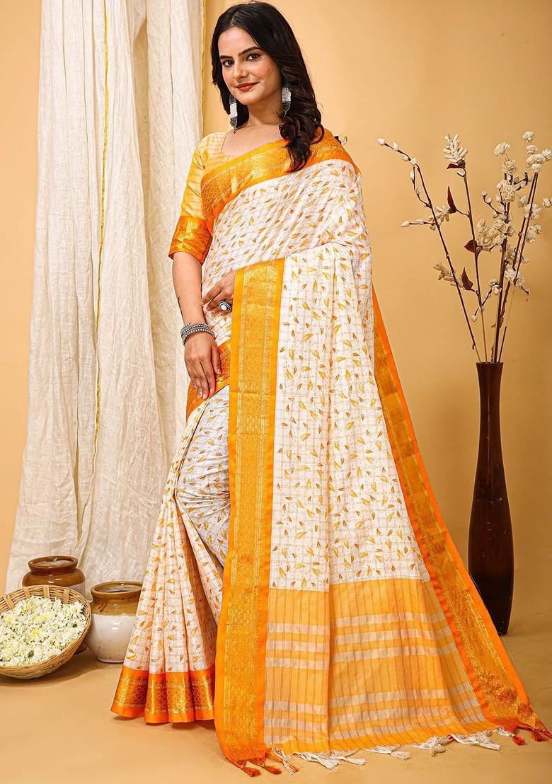 White Zari Cotton Saree Set