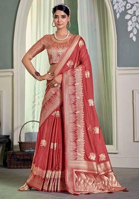 Rust Orange Zari Crepe Saree Set