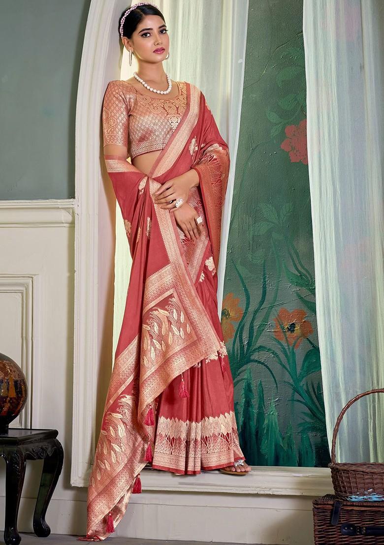 Rust Orange Zari Crepe Saree Set