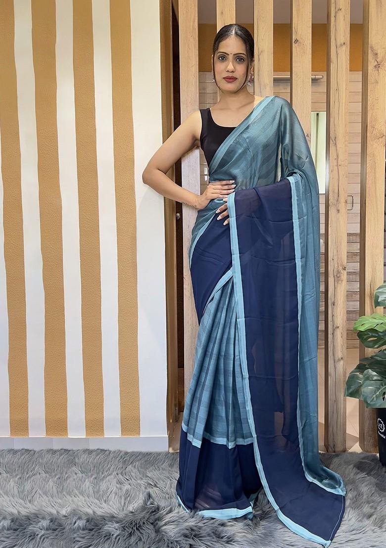 Blue Striped Chiffon Saree Set