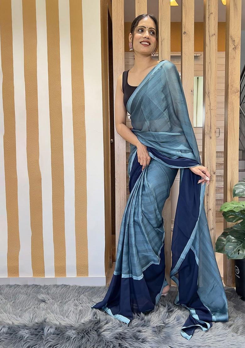 Blue Striped Chiffon Saree Set