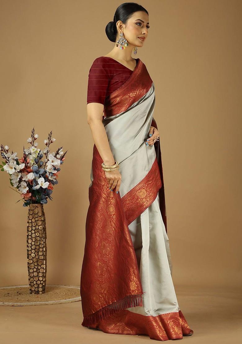 Grey Woven Kanjeevaram Silk Saree Set