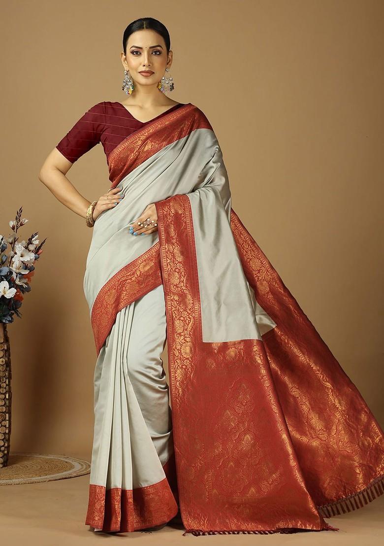 Grey Woven Kanjeevaram Silk Saree Set