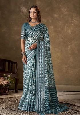 Blue Ajrak Print Cotton Saree Set