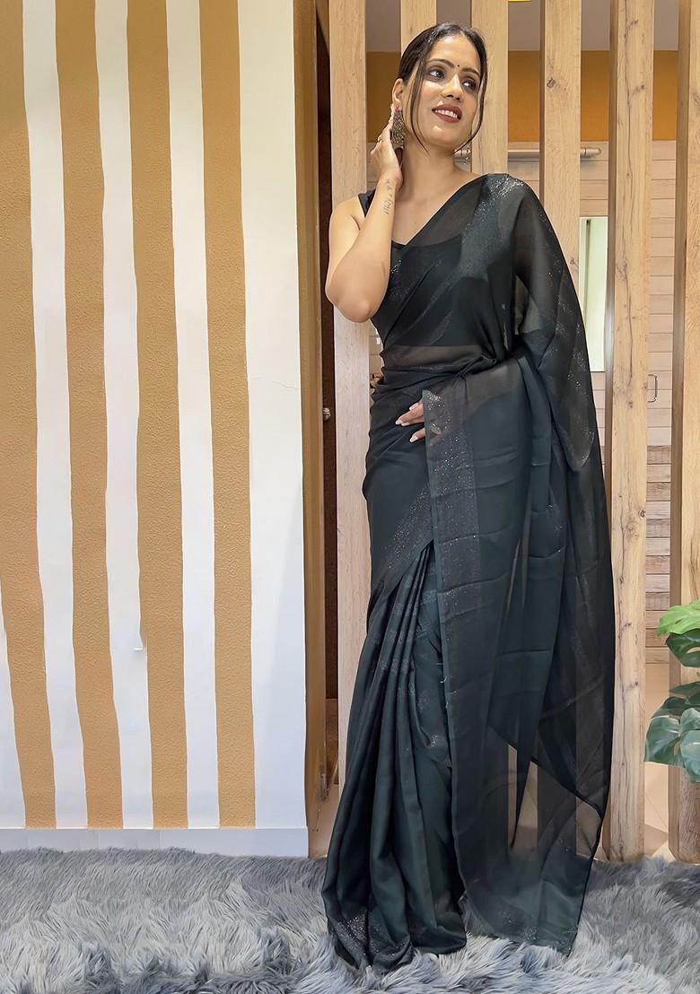 Black Striped Chiffon Saree Set